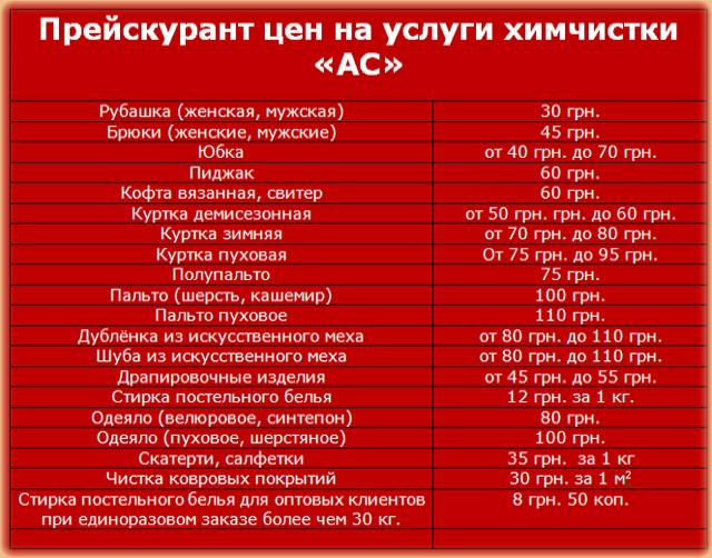 Цены химчистки АС